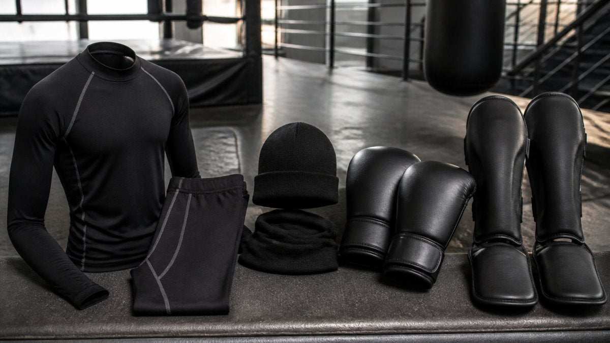 Vechtsportuitrusting in zwart, met thermoshirt, muts, bokshandschoenen en scheenbeschermers: beste vechtsport artikelen voor wintertraining.