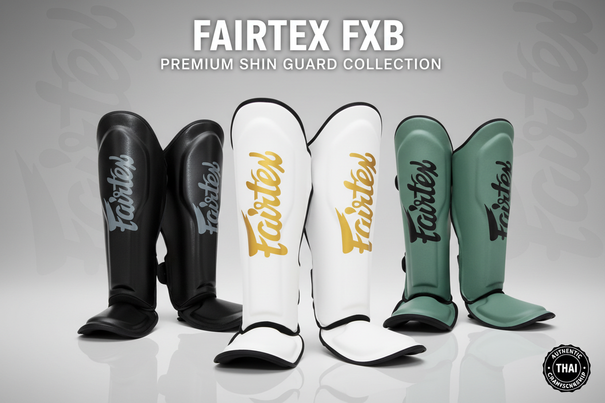 Fairtex scheenbeschermers van premium leer met multi-layer padding, handgemaakt in Thailand voor optimale bescherming en professionele kwaliteit.