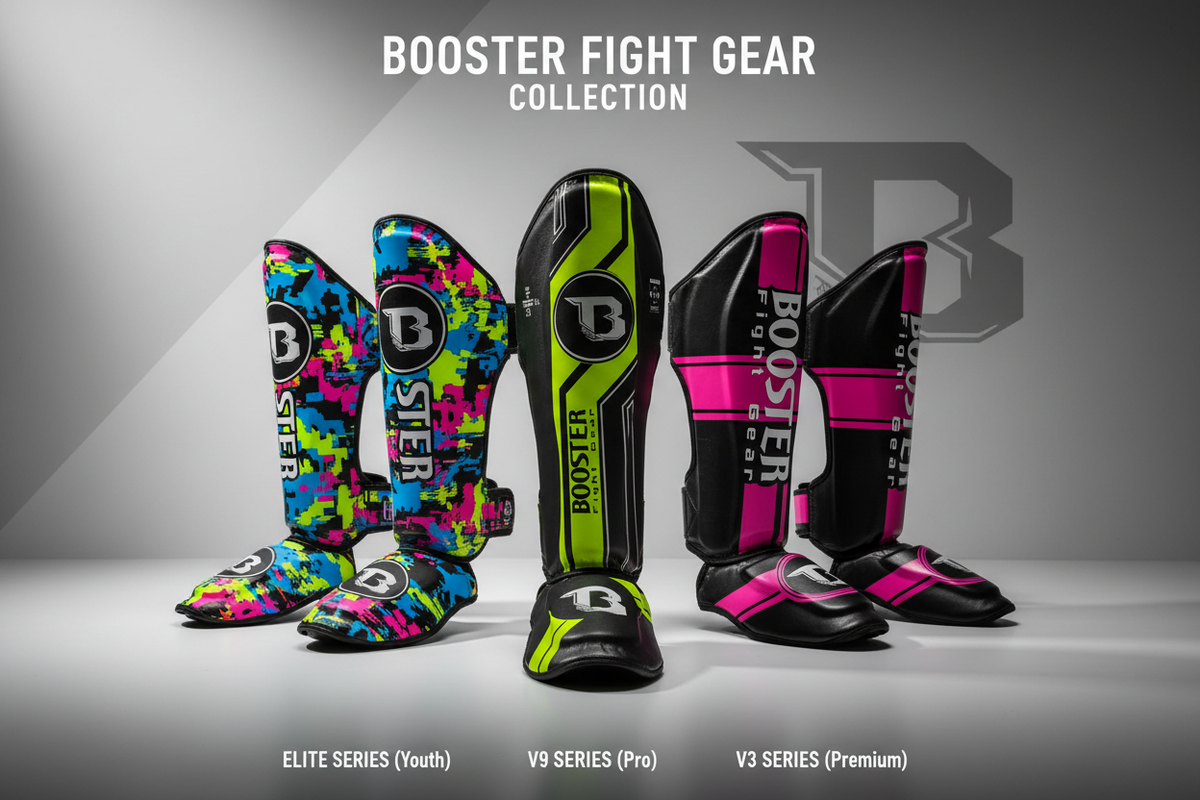 Booster Fight Gear scheenbeschermers van premium leer met multi-layer foam en verstelbare velcro voor optimale kickboks bescherming