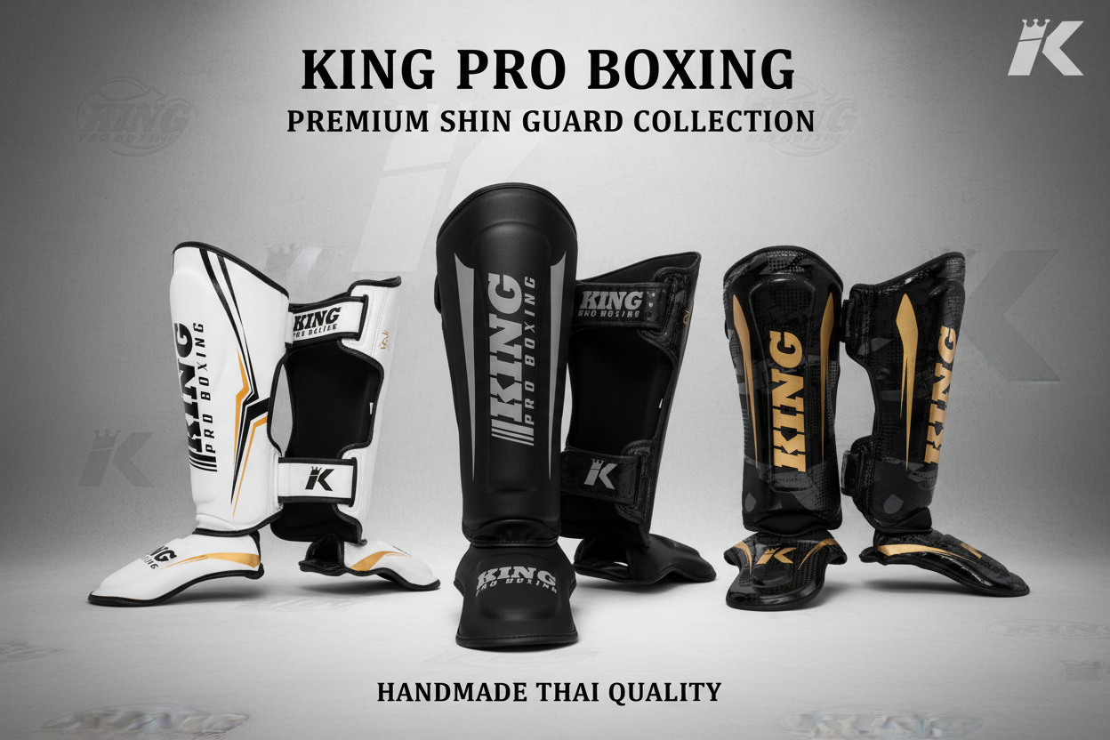 King Pro Boxing scheenbeschermers handgemaakt in Thailand van premium leer voor professionele bescherming en duurzaamheid