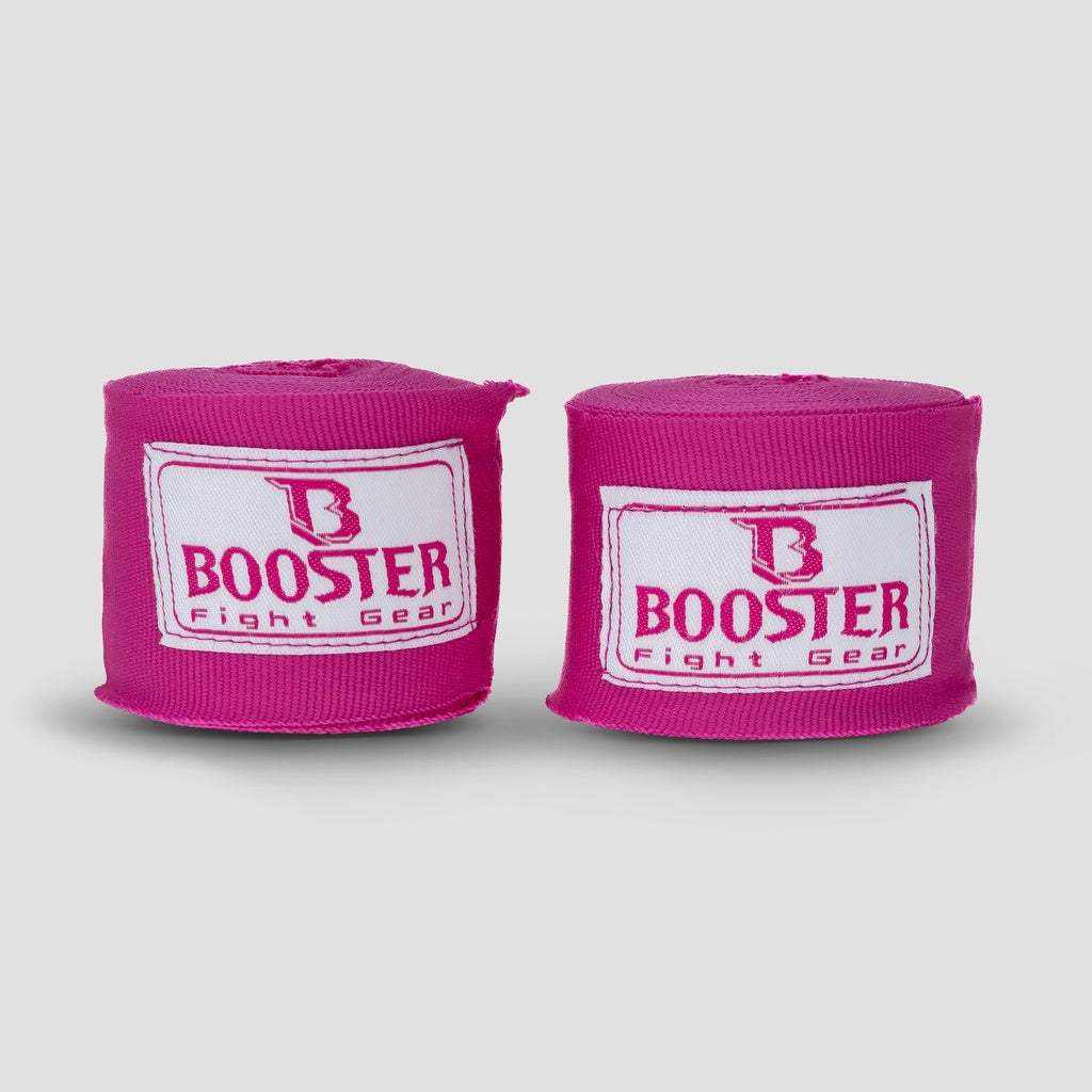 Booster Neon Bandage handwraps in felroze polycotton met elastische, 250 cm lange bescherming en Booster Fight Gear logo.