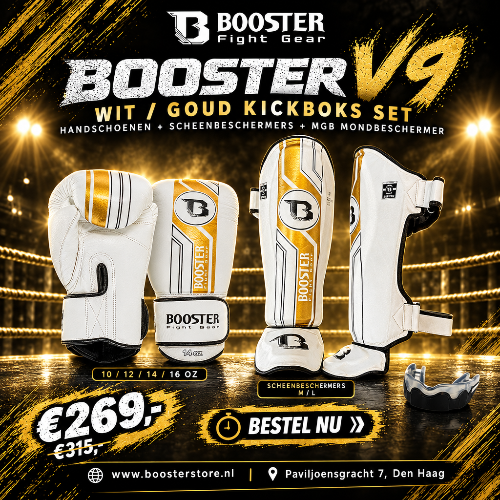 Booster V9 Kickboks Set Wit/Goud – flyer met V9-handschoenen, BSG Pro V9 scheenbeschermers en MGB-mondbeschermer
