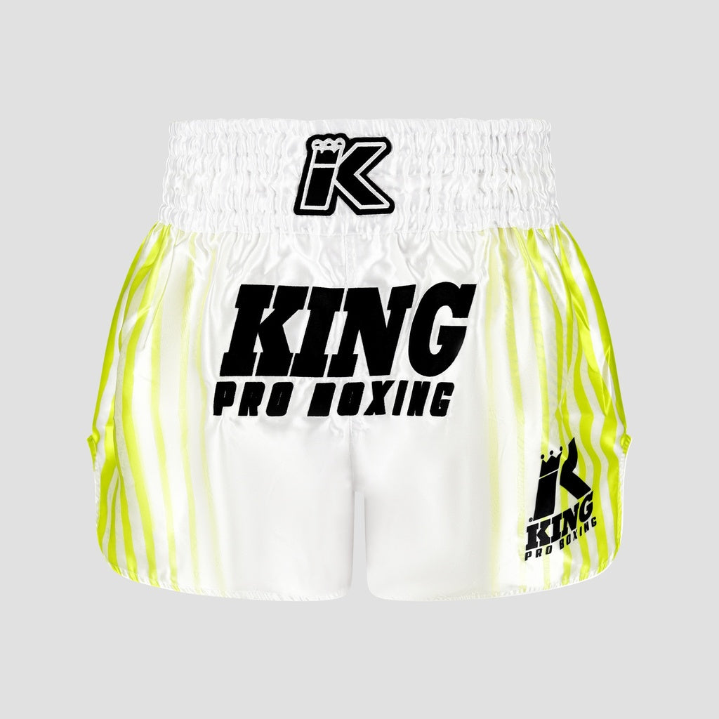 KING PRO BOXING Bloodline 2 – voorkant wit-neongele short met elastische tailleband