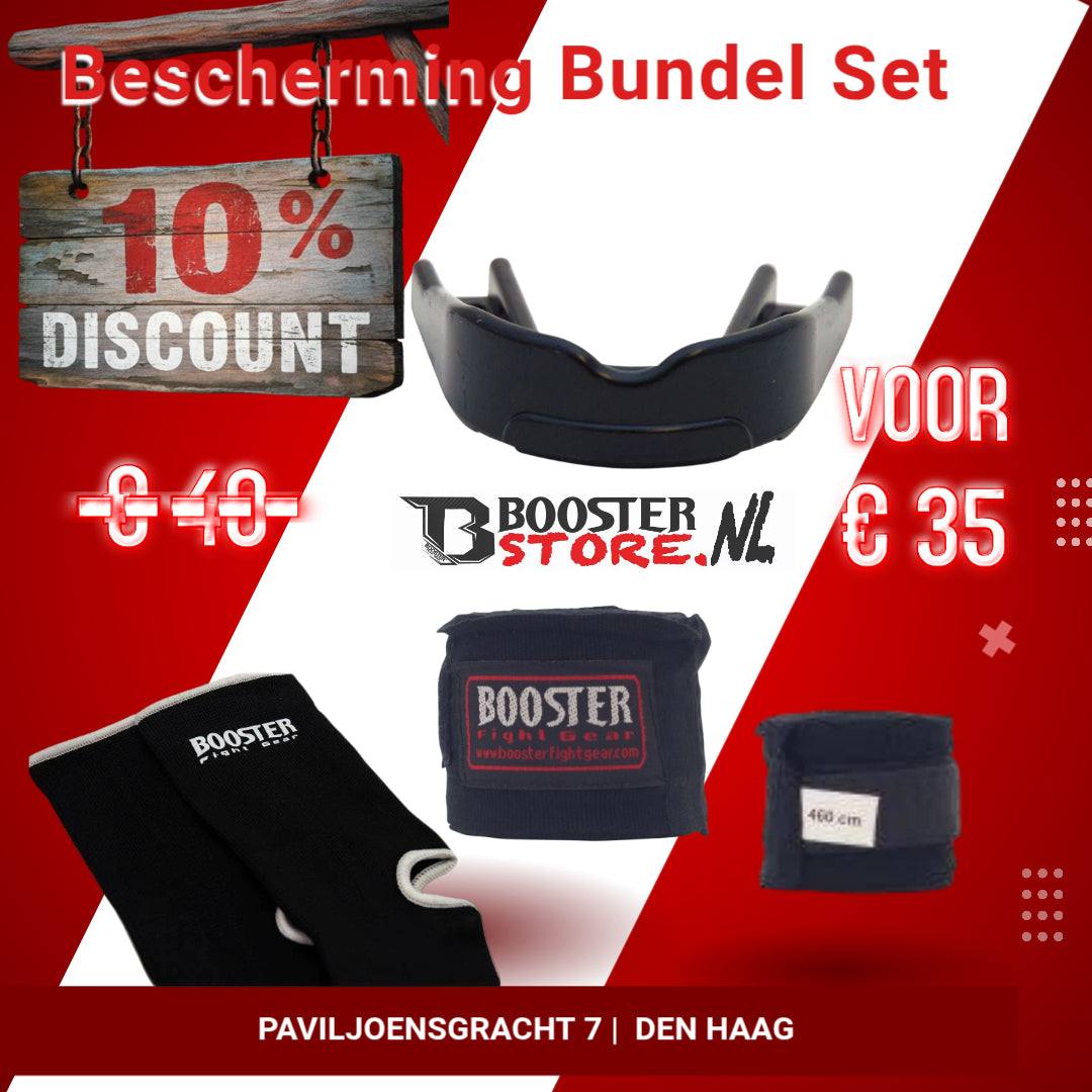 Booster Vechtsport Starter Set met zwarte gebitsbeschermer, handbandage en zwarte enkelsok met Booster-logo.