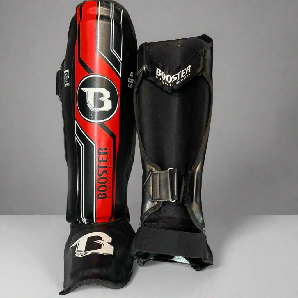 Booster Scheenbeschermers V9 Pro van premium Skintex-leer met extra padding en klittenbandsluiting, handgemaakt in Thailand voor Muay Thai en MMA bescherming