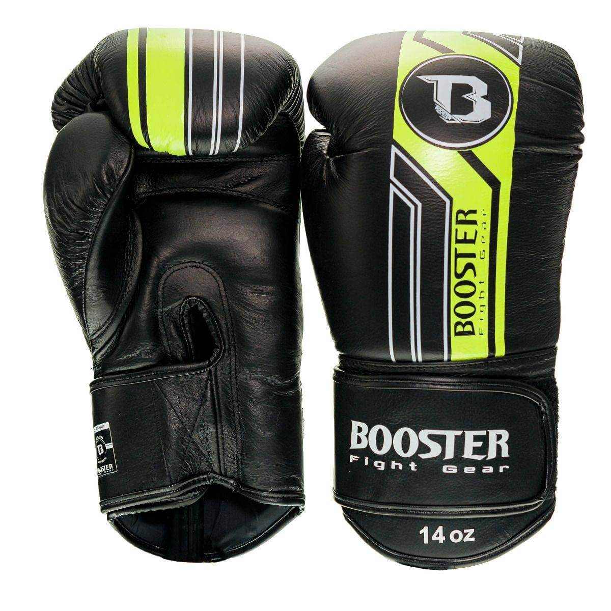 Booster V9 kickboksset neon geel – palm- en bovenzijde van zwarte bokshandschoenen met neongele details en 14 oz-opdruk