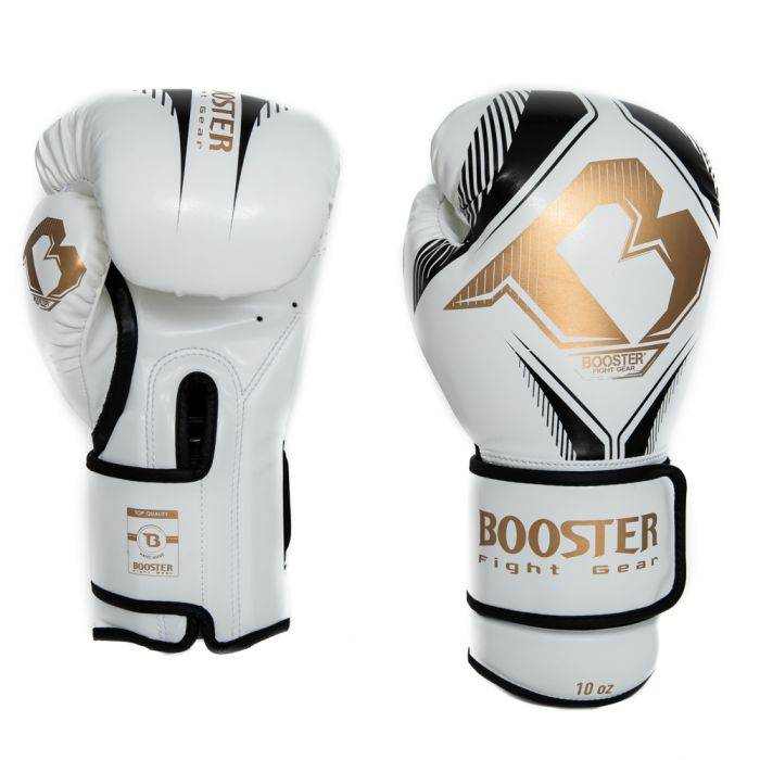 Witte Booster Bangkok Kickbokshandschoenen van synthetisch leer met ventilatie en klittenbandsluiting voor Muay Thai en kickboksen