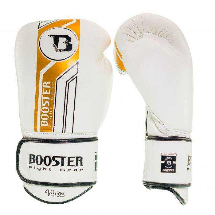 Booster V9 Kickboks Set Wit/Goud – wit-gouden V9-bokshandschoenen van 14 oz, voor- en achteraanzicht
