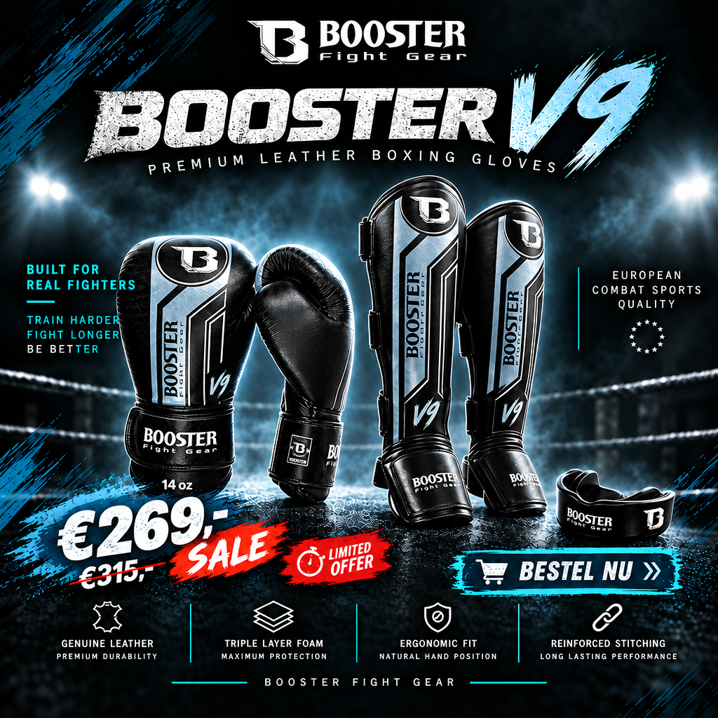 Booster V9 set bokshandschoenen van zwart leer met grijze details en V9-logo, afgebeeld op een sportieve productposter.