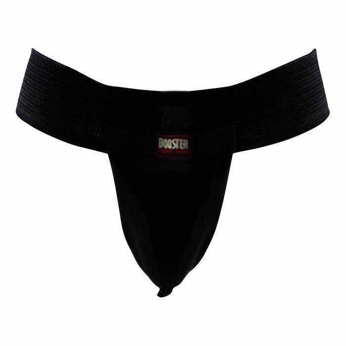 Zwarte Booster G2 Kruisbeschermer van elastisch materiaal met ergonomische pasvorm en brede tailleband voor optimale bescherming bij contactsporten.