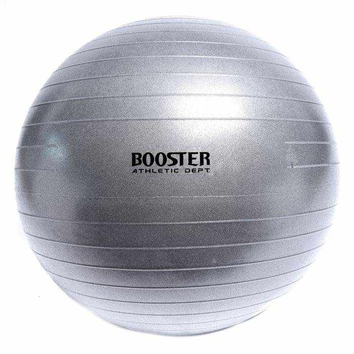 YOGA BALL van zilvergrijs pvc materiaal met zwarte tekst en horizontale ribbels, stevige fitnessbal voor oefeningen.