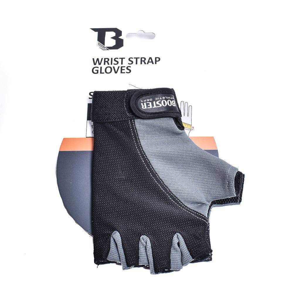 Booster Athletic Dept fitness handschoenen in zwart en grijs met polsband en ademend materiaal voor optimale grip.