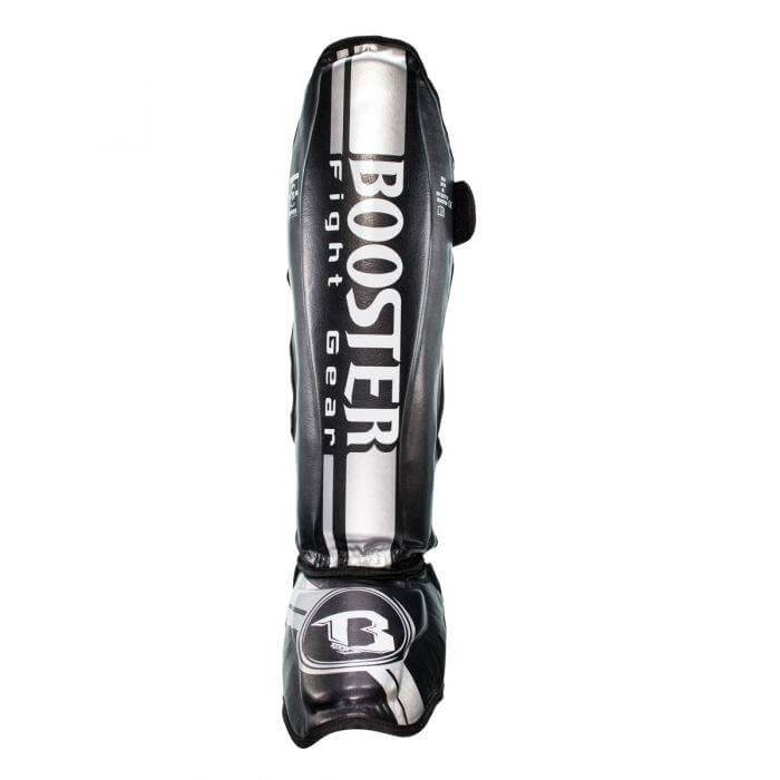 Booster V3 zilveren leren scheenbeschermers met meerlaagse schuim en dubbele klittenband voor kickboksen en MMA