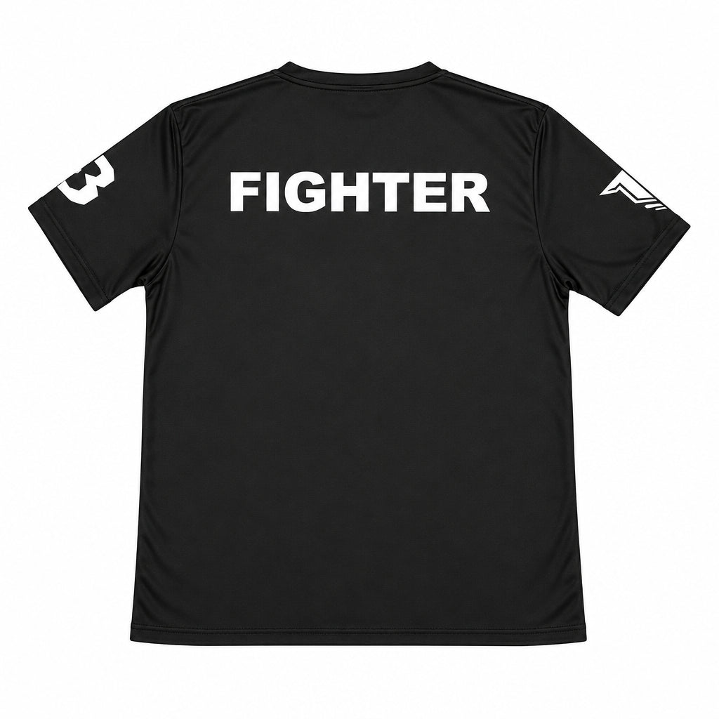Booster Active Dry sportshirt zwart – achteraanzicht met witte FIGHTER-opdruk en logo's op de mouwen