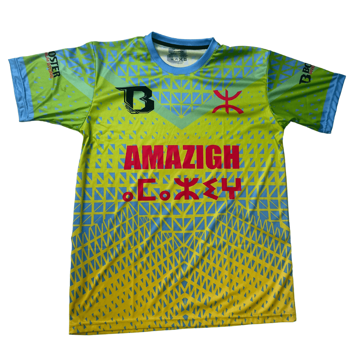 Amazigh Booster Fight Shirt met Amazigh symbolen, vlag en traditionele Berberse patronen, geïnspireerd door Ibrahim El Boustati.