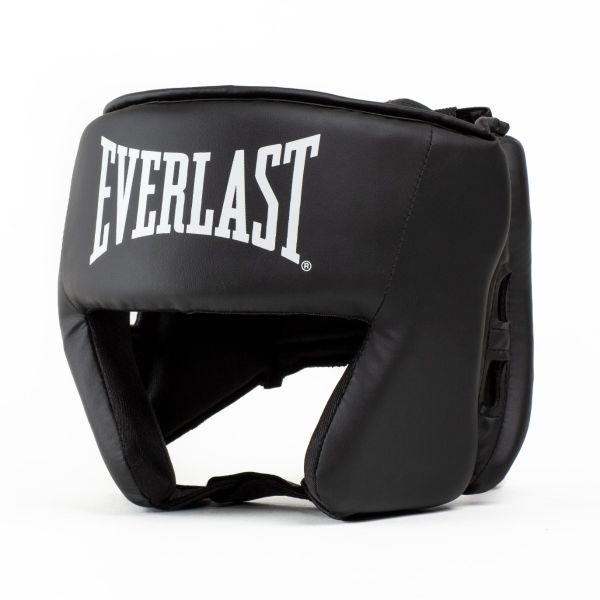Everlast Core hoofdbeschermer zwart – productaanzicht met wit Everlast-logo en open gezichtsruimte