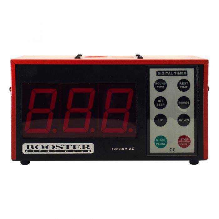 professionele digitale timer met rode metalen behuizing, zwart display met grote rode cijfers en bedieningsknoppen
