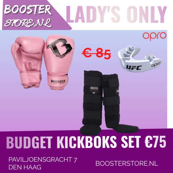 Booster ladies only roze kickboks set met handschoenen en scheenbeschermers voor dames