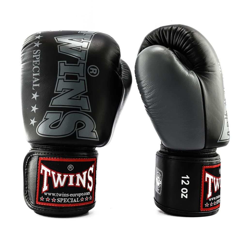 Twins Special bokshandschoenen in zwart Thais leer met grijze accenten en klittenbandsluiting, 12 oz formaat, handgemaakt
