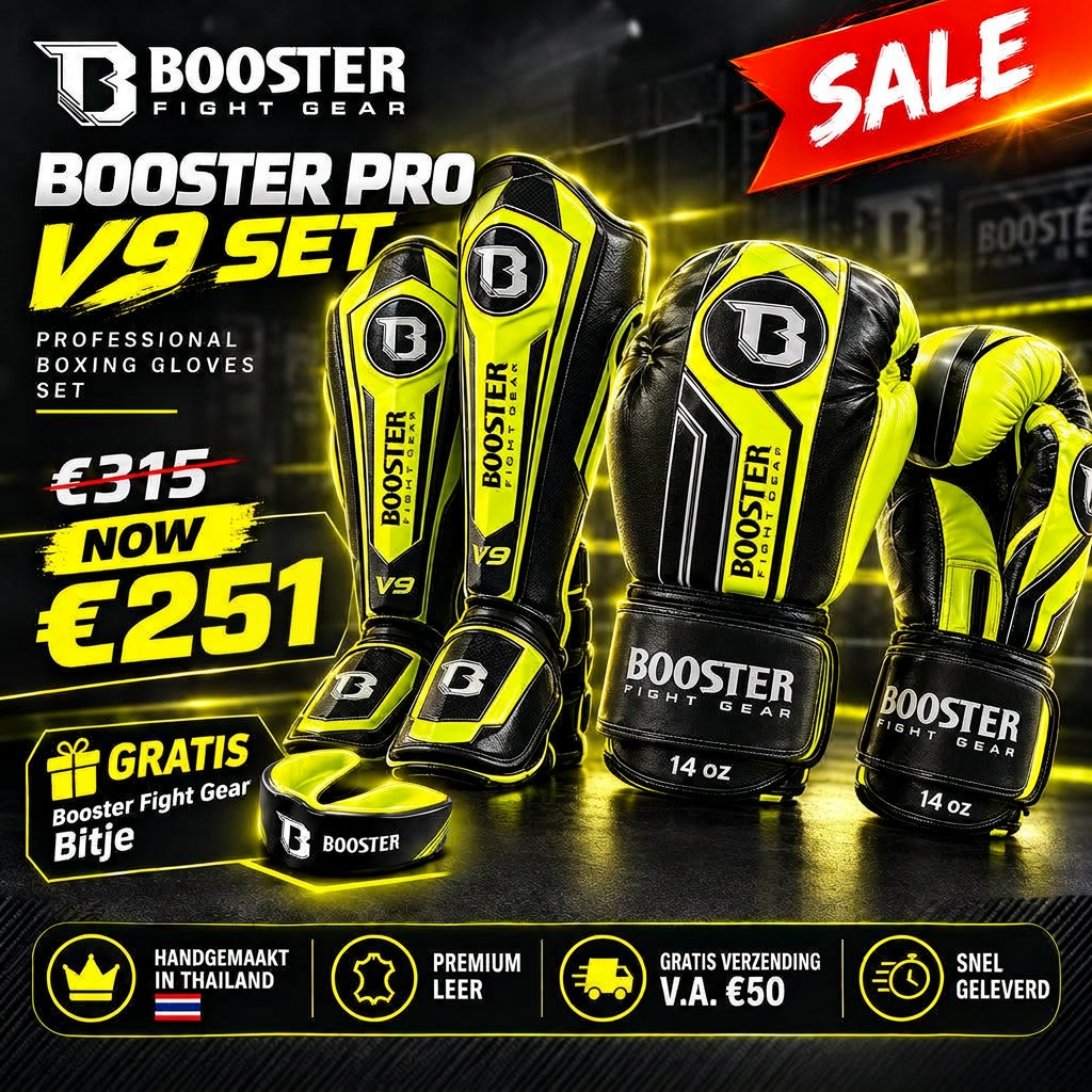 Booster V9 Kickboks Set met neongele leren handschoenen en scheenbeschermers, voorzien van zwarte vlakken en logo’s.