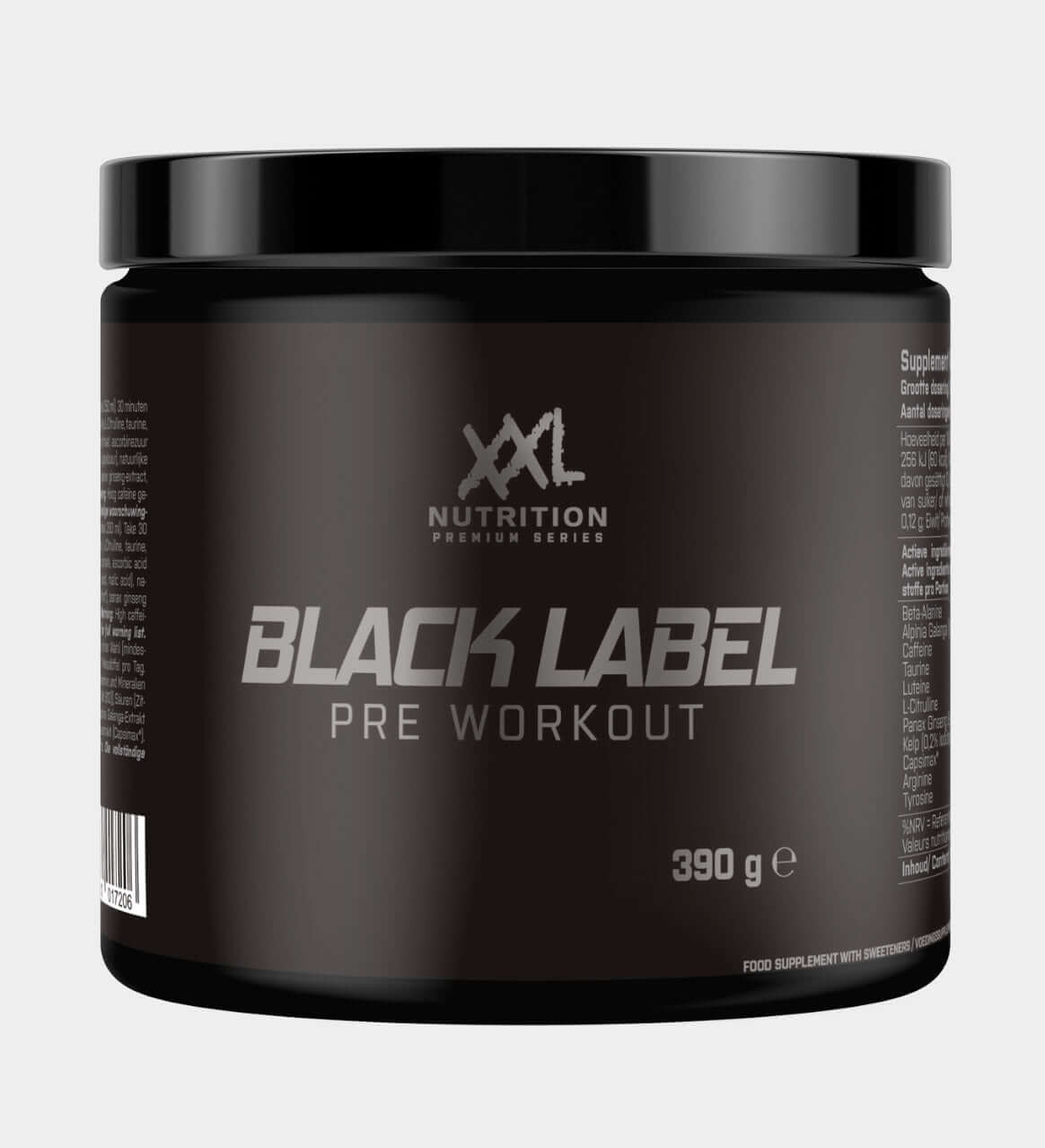 XXL Nutrition Black Label pre-workout 390 g – vooraanzicht van zwarte pot met zwarte deksel en zilverkleurige opdruk