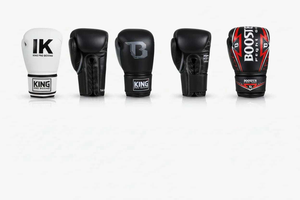Bokshandschoenen voor boksen van Twins, King, Booster en Fairtex in leer met klittenband en vetersluiting