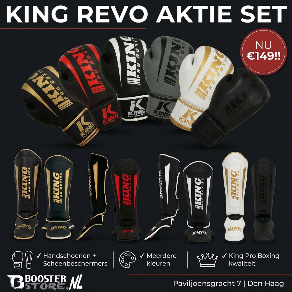 King REVO kickboks set – overzicht handschoenen en scheenbeschermers in meerdere kleuren, actieposter €149