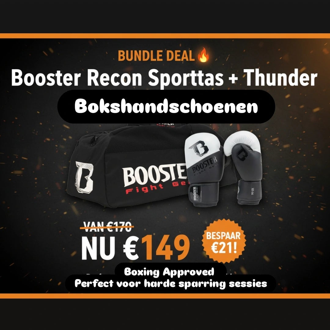 Booster Recon Sporttas en Thunder Bokshandschoenen bundle deal - van €170 nu voor €149, bespaar €21 op deze perfecte combi voor training en wedstrijden