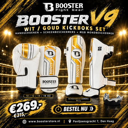 Booster V9 Kickboks Set Wit/Goud – flyer met V9-handschoenen, BSG Pro V9 scheenbeschermers en MGB-mondbeschermer
