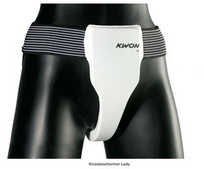 KWON dames kruisbeschermer wit – vooraanzicht op zwarte mannequin met elastische tailleband