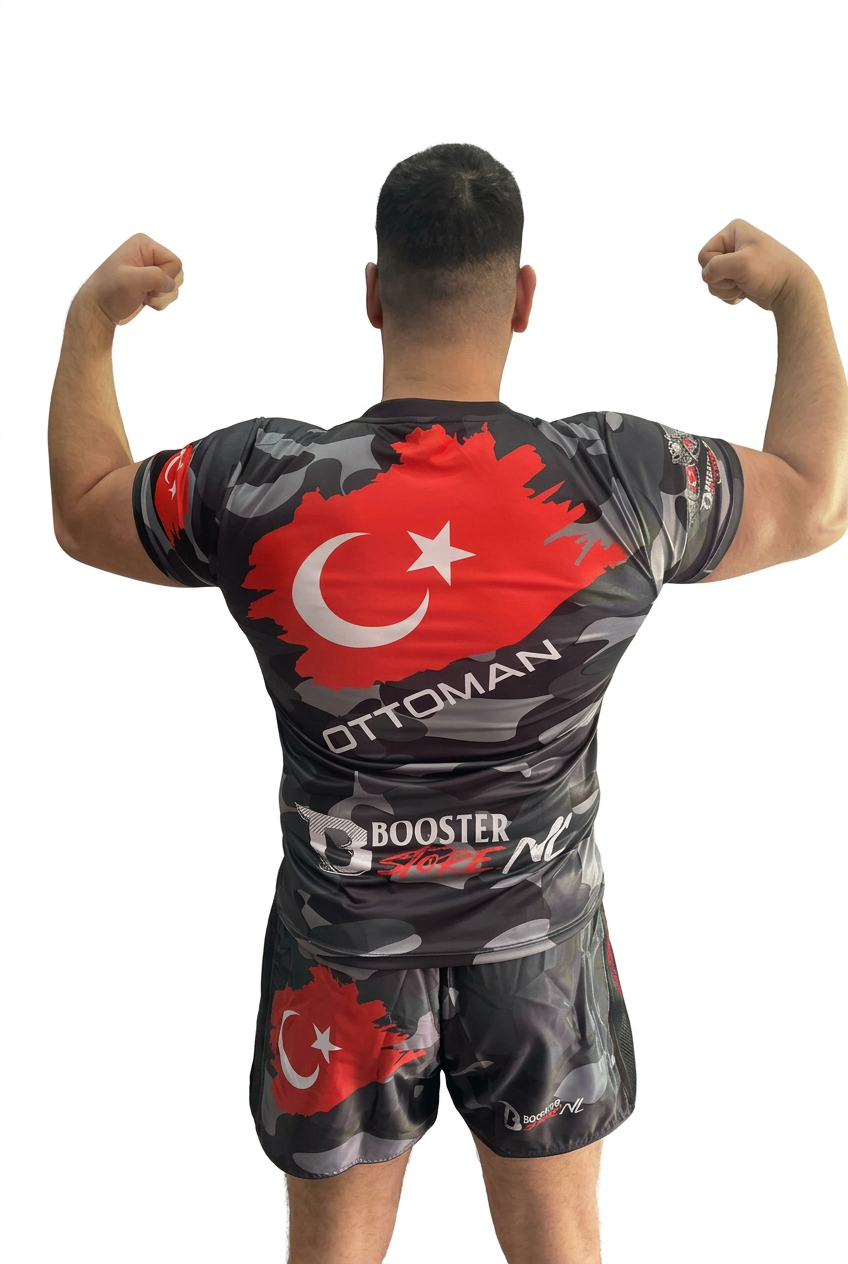 Booster Turkiye Ottoman Camo vechtset – achteraanzicht op model met Turkse vlag en Ottoman-tekst