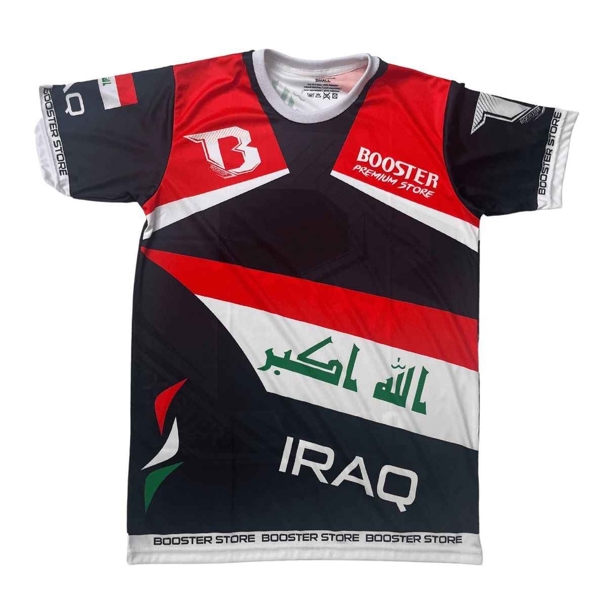 Booster Iraq Fight Shirt met Irak vlag opdruk, comfortabel en geschikt voor vechtsportfans en casual wear.