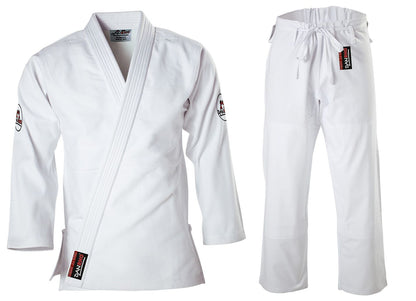 DANRHO Fight light 350 Ju-Jutsupak wit – vooraanzicht van jas en broek met trekkoord