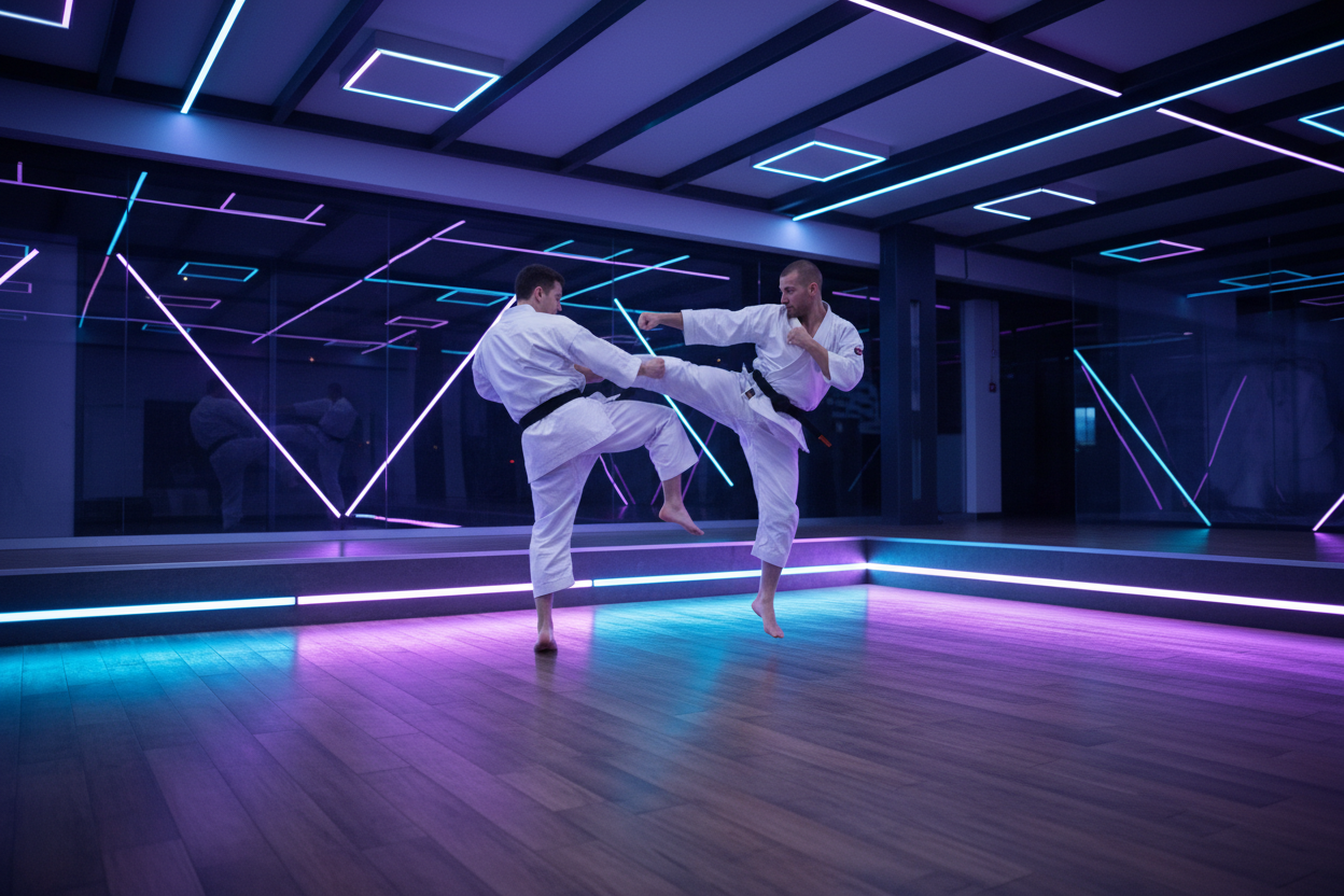 in een led verlichte dojoKWON Karatepak Basic Wit