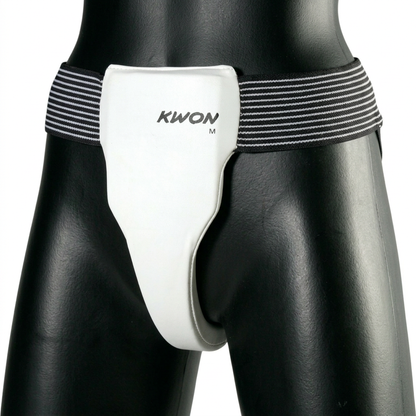 KWON dames kruisbeschermer – AI-productdetail van witte voorkant en gestreepte tailleband