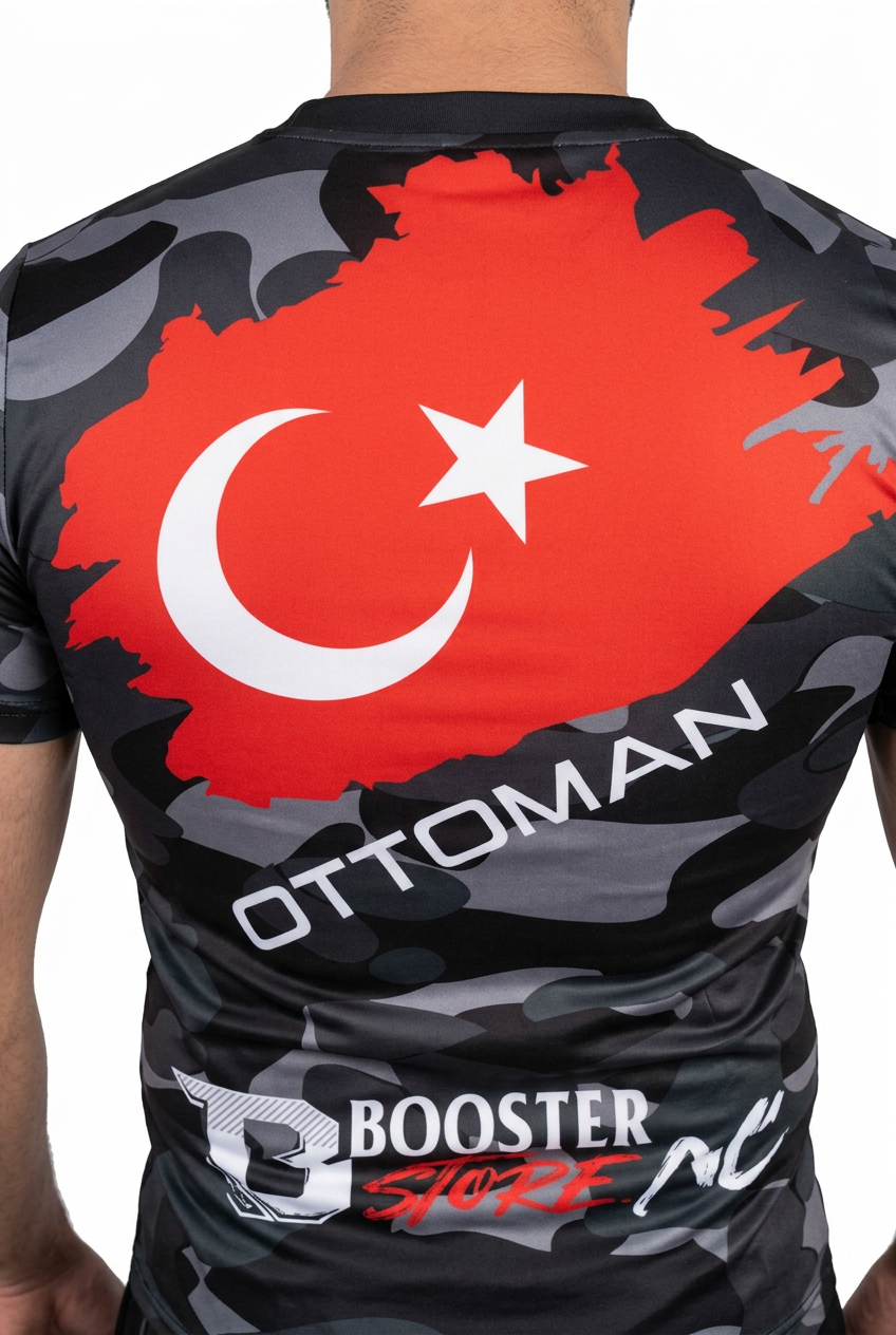 Booster Turkiye Ottoman Camo vechtset – detail van rugprint met halve maan en ster en Ottoman-tekst
