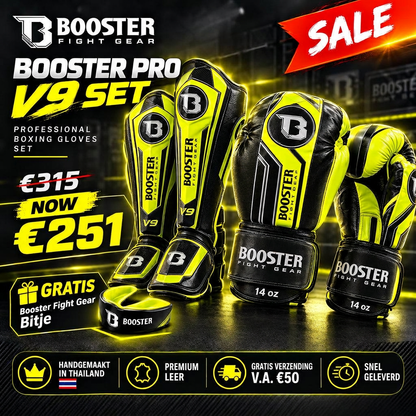 Booster V9 kickboksset neon geel – aanbiedingsafbeelding met bokshandschoenen, scheenbeschermers en zwart bitje