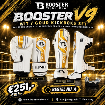 Booster V9 Kickboks Set Wit/Goud – flyer met bokshandschoenen, scheenbeschermers en zwart-transparante MGB-mondbeschermer